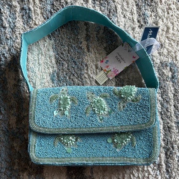Handcrafted in India Handbags - NWT Blue Turtle Beaded Shoulder Bag